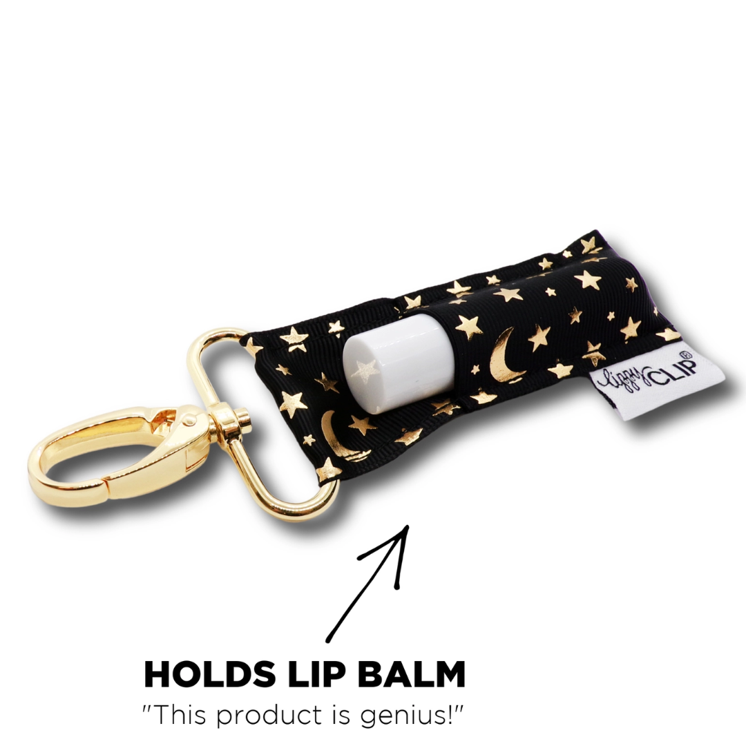 Celestial Moon Stars Black + Gold Lippyclip® Lip Balm Holder