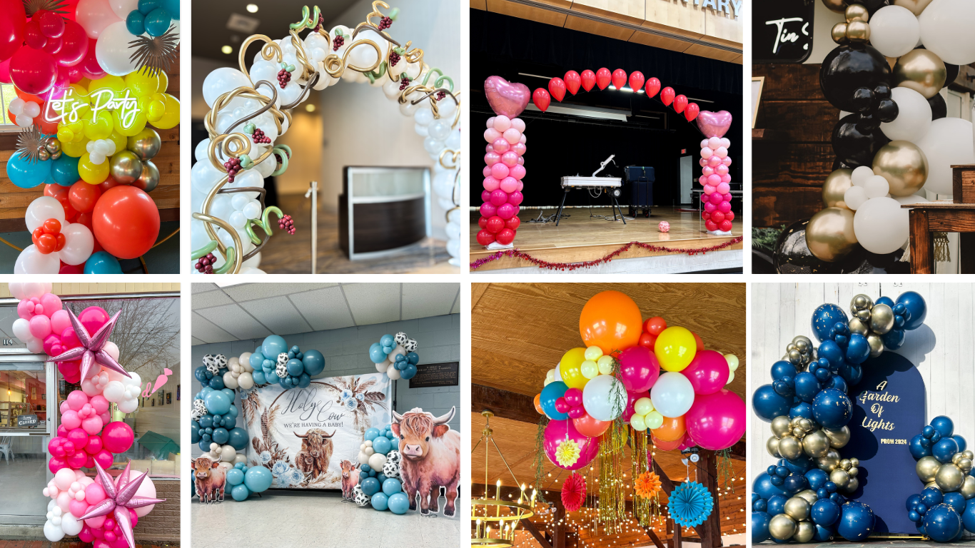custom balloon decor installations, including arches, garlands, columns, hoops, and more. Showcasing unique designs for weddings, parties, corporate events, and special occasions
