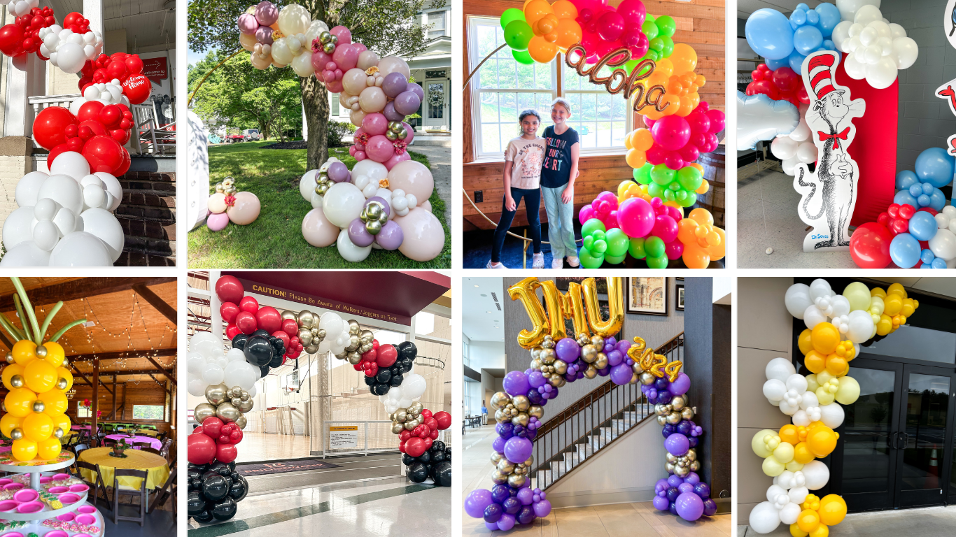 custom balloon decor installations, including arches, garlands, columns, hoops, and more. Showcasing unique designs for weddings, parties, corporate events, and special occasions