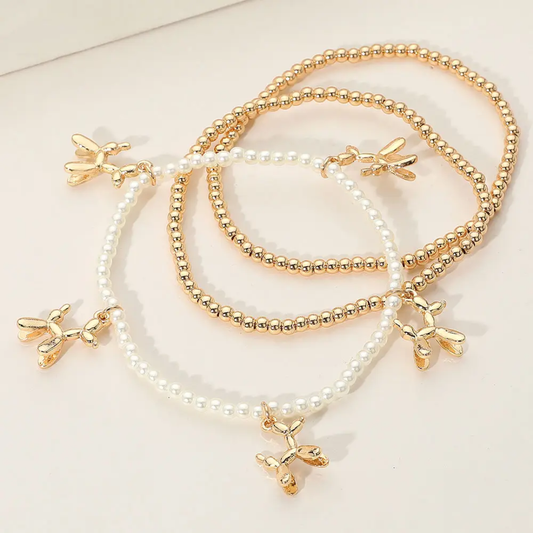 Gold-Dipped Balloon Dog Charm Bracelet Set – 3 Piece Stretch Stacks