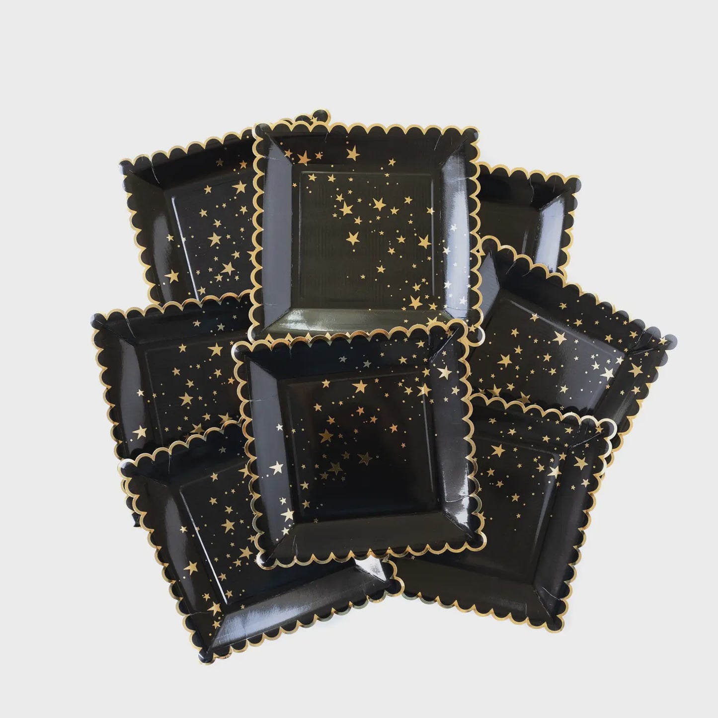 Gold Stars Black Scallop Plates 8pk